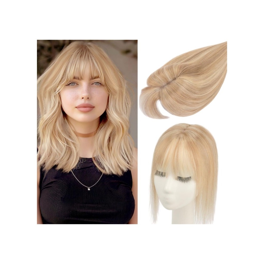10"‎ Remy Hair Topper 360 3D Clip In Bangs Golden with Bleach Blonde Highlights